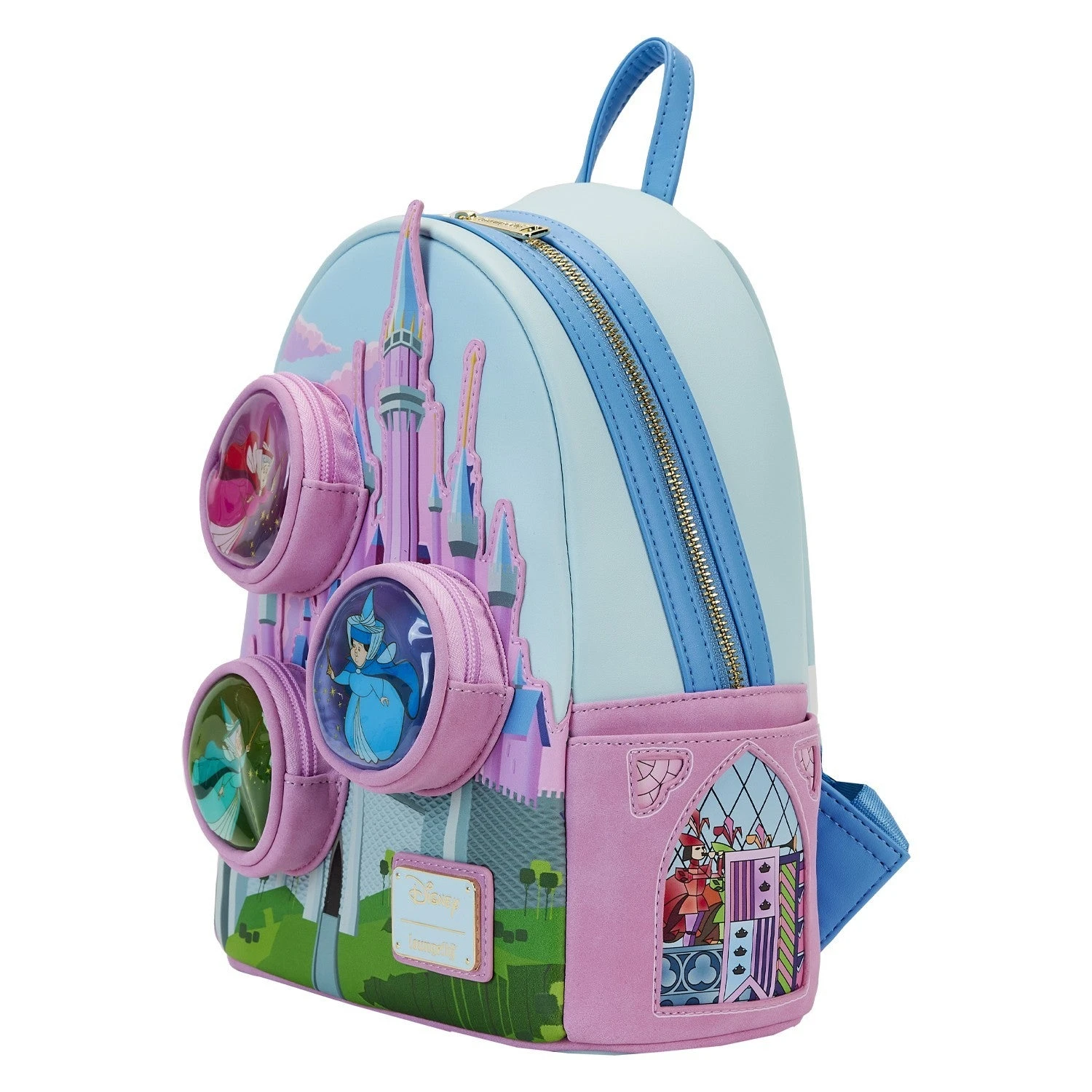LOUNGEFLY Sleeping Beauty Castle Three Good Fairies Stained Glass Mini Backpack 4 LOUNGEFLY Sleeping Beauty Castle Three Good Fairies Stained Glass Mini Backpack - Image 2