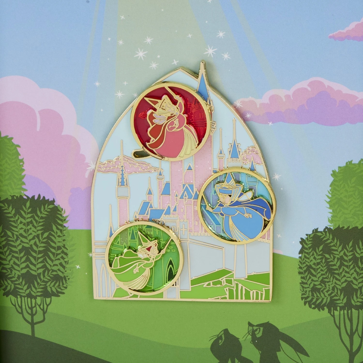 LOUNGEFLY Sleeping Beauty Castle Three Good Fairies Stained Glass 3" Collector Box Sliding Pin 6 LOUNGEFLY Sleeping Beauty Castle Three Good Fairies Stained Glass 3" Collector Box Sliding Pin - Image 4