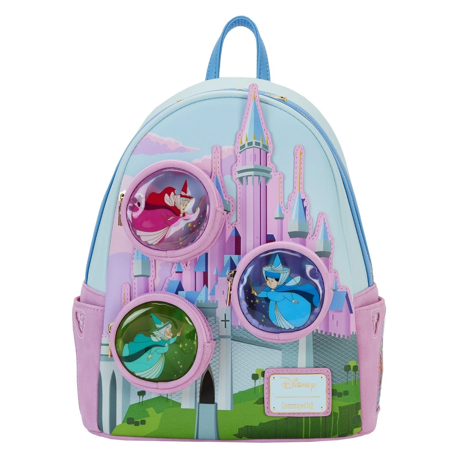 LOUNGEFLY Sleeping Beauty Castle Three Good Fairies Stained Glass Mini Backpack 3 LOUNGEFLY Sleeping Beauty Castle Three Good Fairies Stained Glass Mini Backpack
